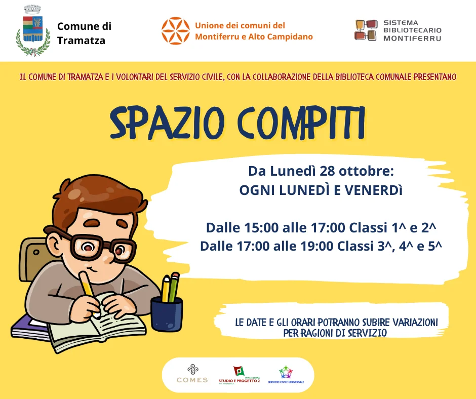 Comunicazione avvio spazio compiti presso la biblioteca comunale